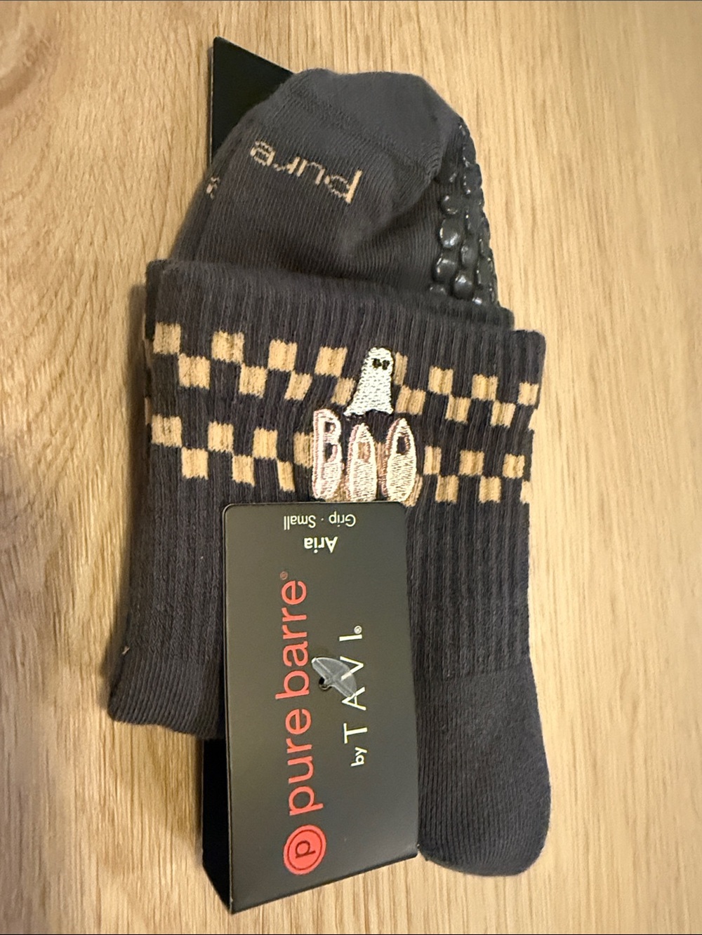 Pure Barre Navy Grip Socks with Cream Checker and Ghost Detail
